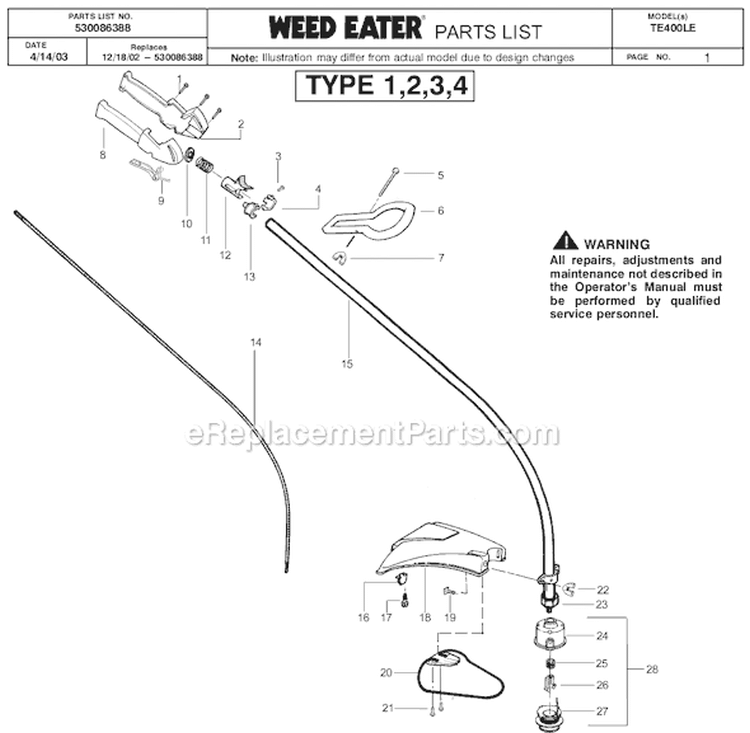 Page A Diagram and Parts List for TE400LE Type 4 Weed Eater Trimmer